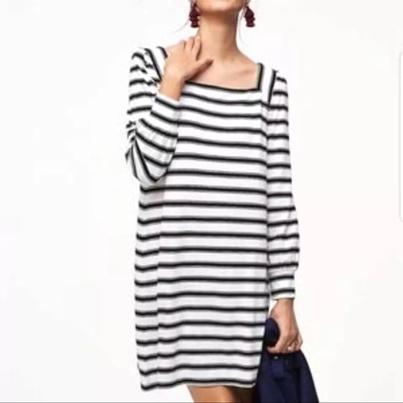 Loft Dress Womens S Petite Long Sleeve Square Neck Striped Black White Stretch - Picture 1 of 10
